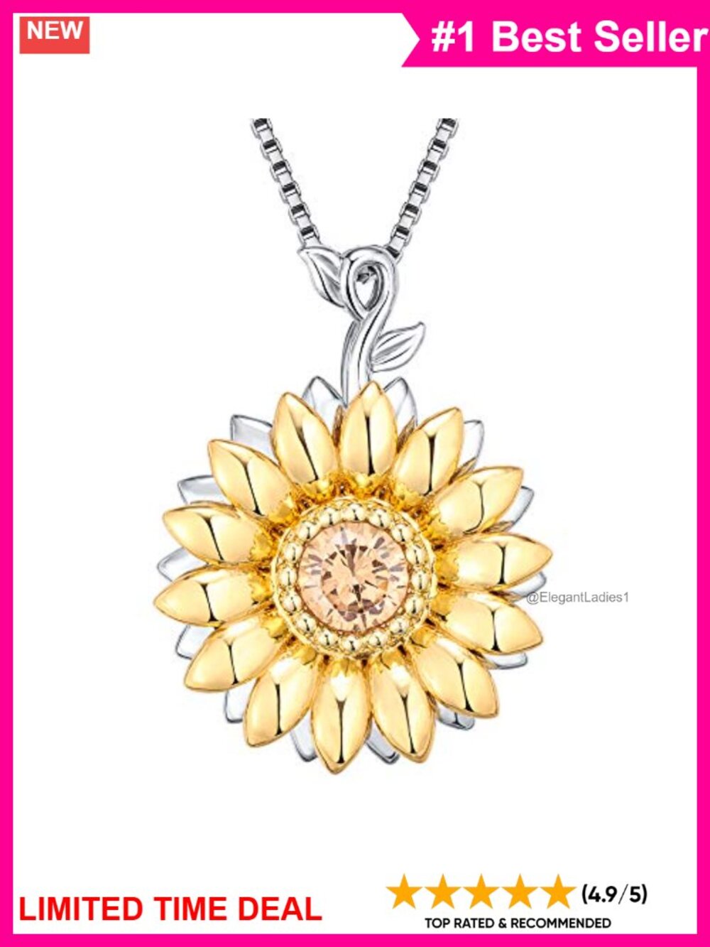 S925 Sterling Silver Rotatable Sunflower Pendant Necklace 5A Cubic Zirconia